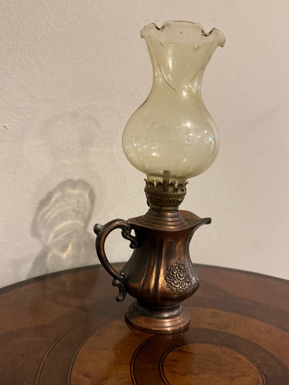Vintage Miniature Copper Oil Lamp Pitcher Base Ruffled Glass Chimney Hong Kong